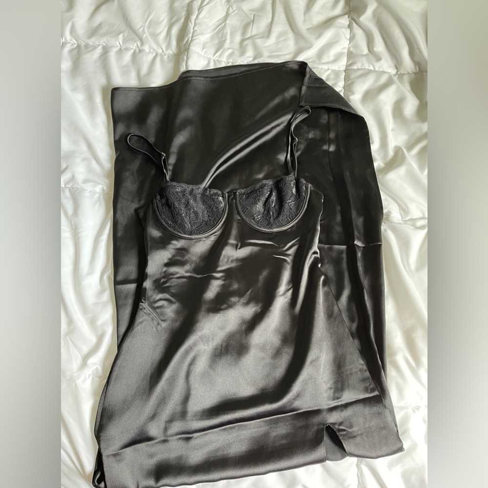 Meshki Black Satin Lace Bustier Slip Maxi Dress with Side Slit